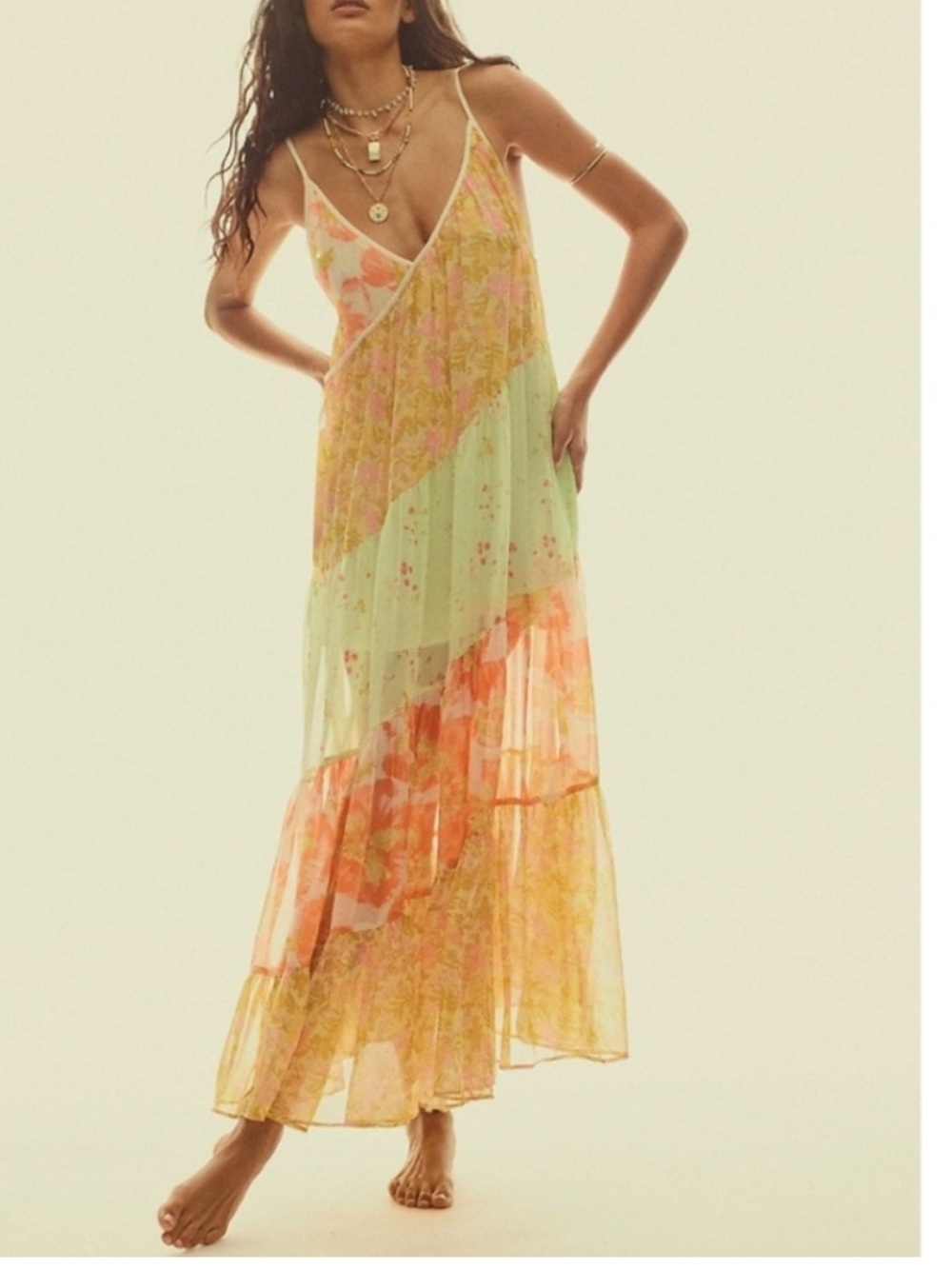 Free People Luna Grace Floral Maxi Dress - Mint, Peach, Yellow